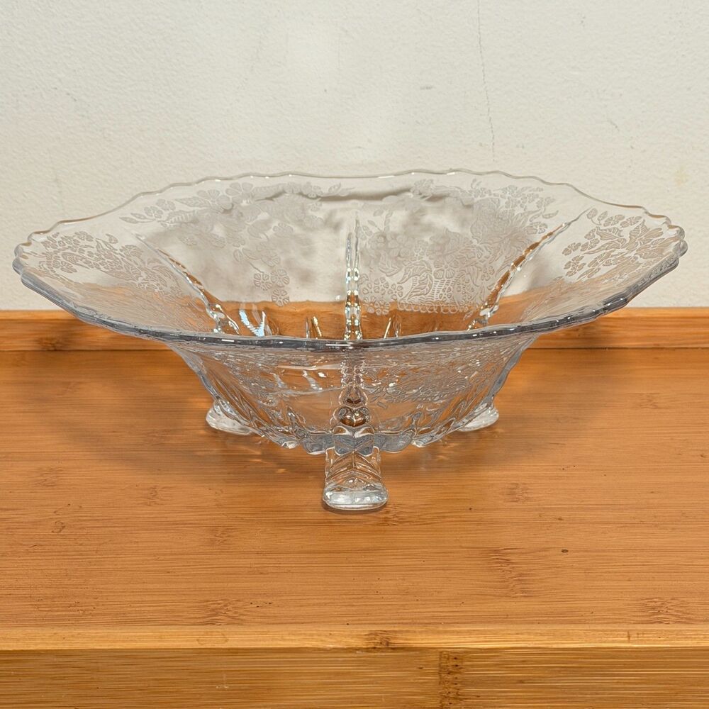 Vintage 11" Clear Glass Footed Bowl Floral Basket Etched Centerpiece